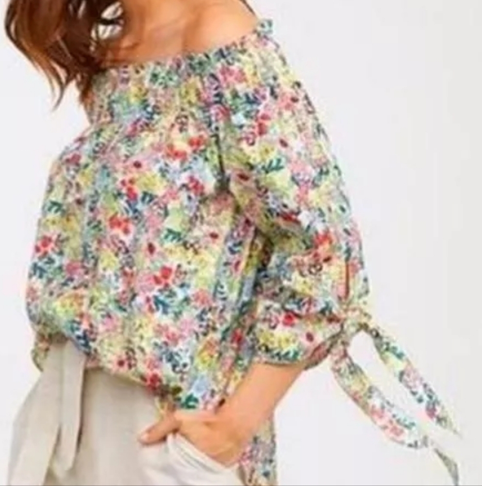 H&M Off The Shoulder Women’s Top Floral Tie Slv Elastic Upper Edge Spring Summer